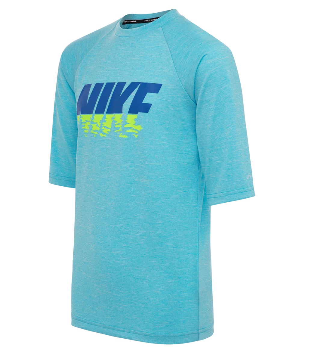 Nike Boys' Heather Sunset Logo Short Sleeve Hydro Rashguard Big Kid Shirt - Lagoon Pulse Large Size Large Polyester - Swimoutlet.com