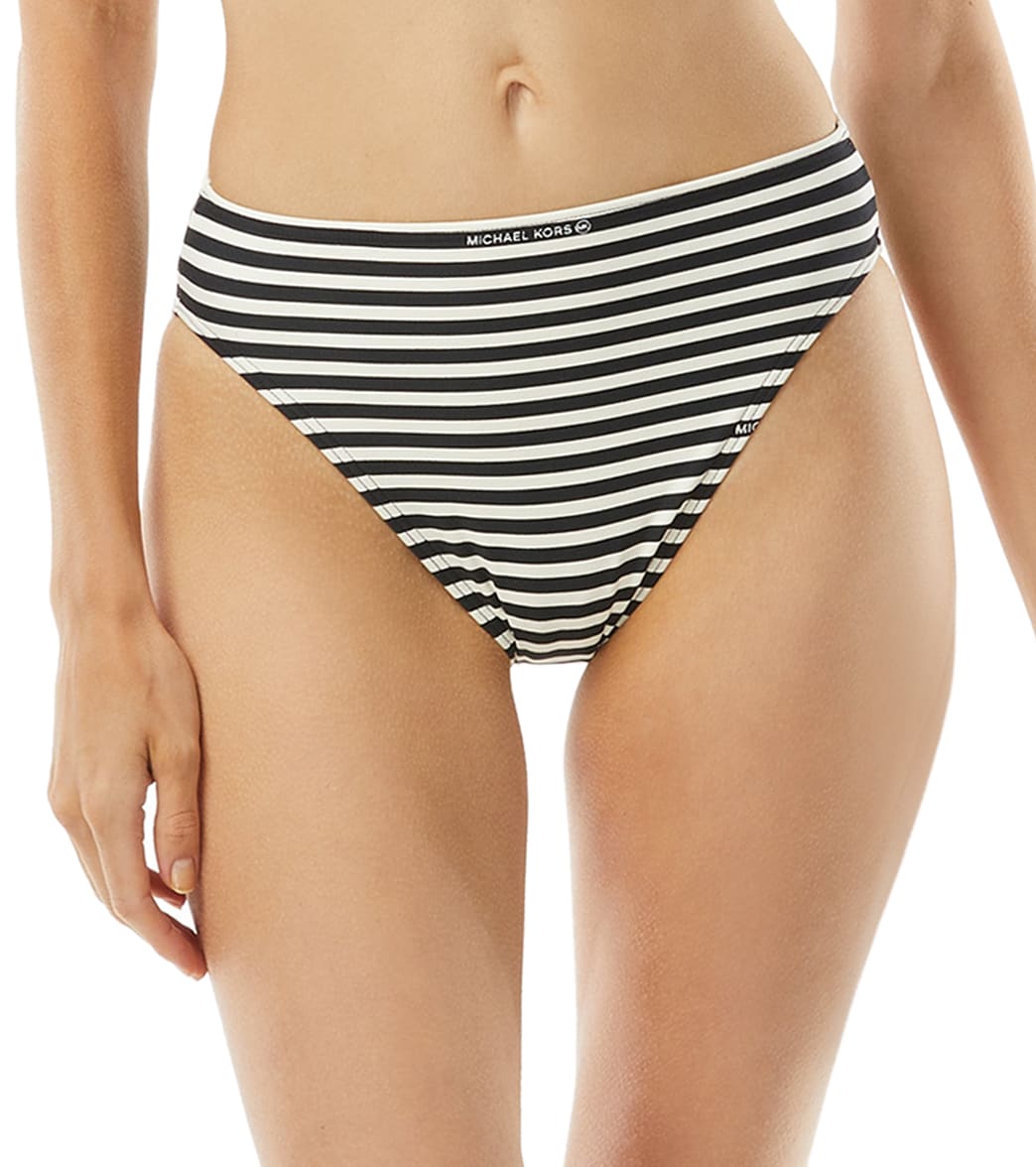 Michael Kors Women's Logo Stripe High Waisted Bottom - Bone X-Small - Swimoutlet.com
