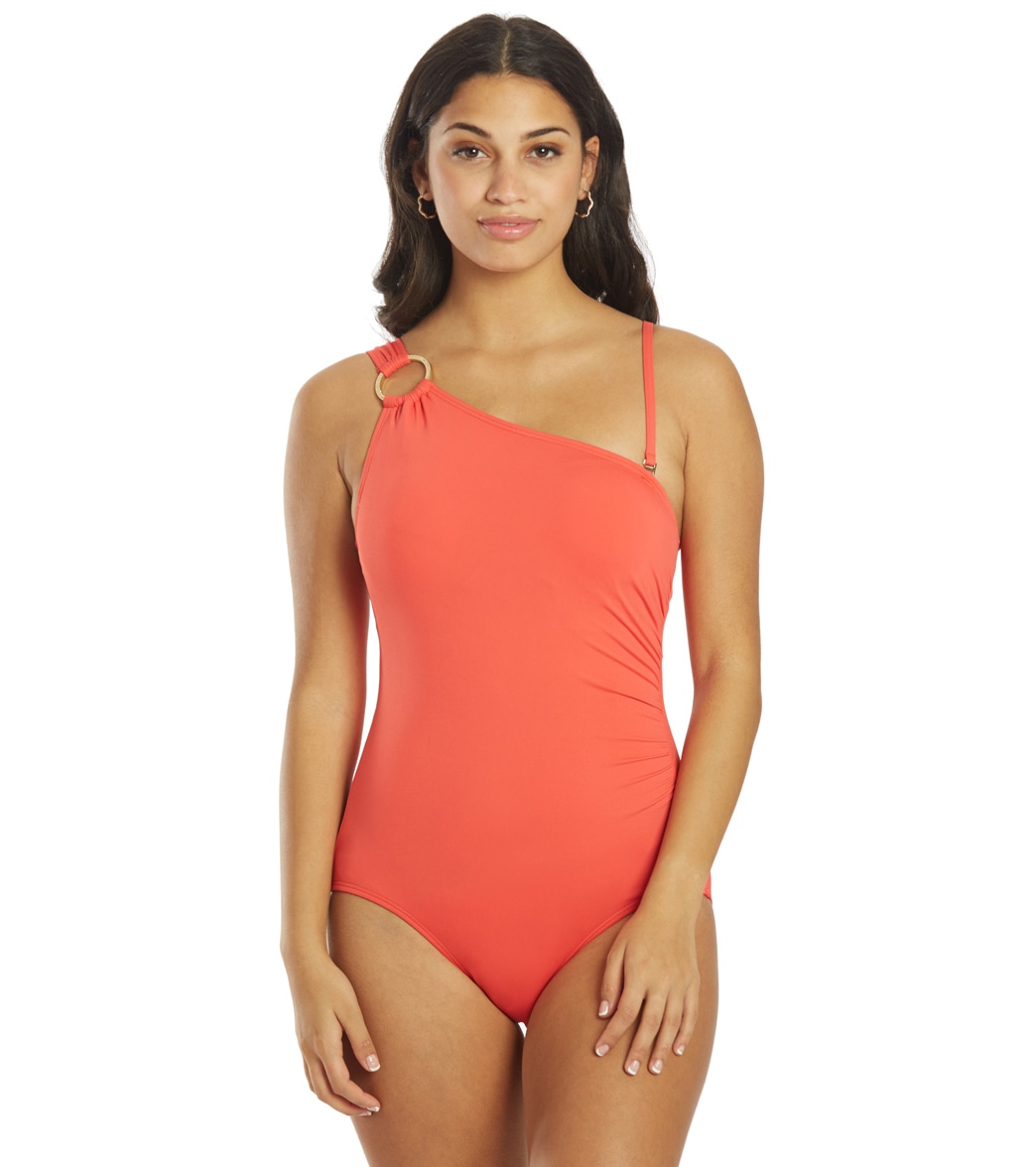 Michael Kors Women's Iconic Solid Underwire One Shoulder Piece Swimsuit - Sangria