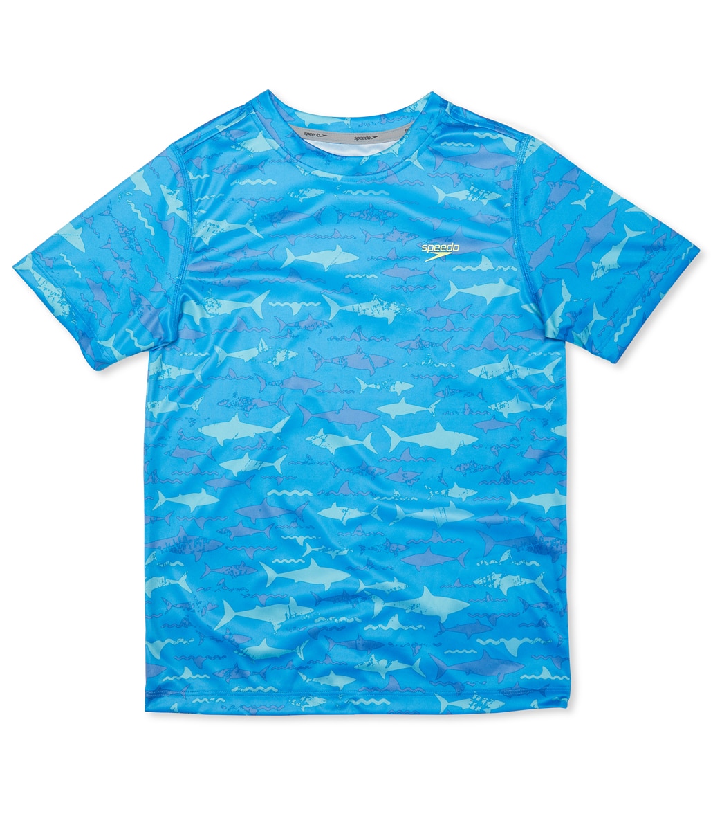 Speedo Boys' Printed Short Sleeve Swim Shirt Big Kid - Ibiza Blue Medium Size Medium Polyester - Swimoutlet.com