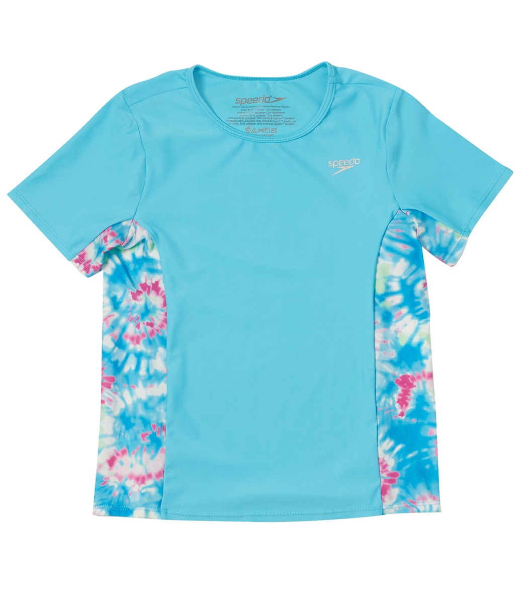 Speedo Girls' Printed Splice Short Sleeve Rashguard Big Kid Shirt - Blue Atoll Large - Swimoutlet.com