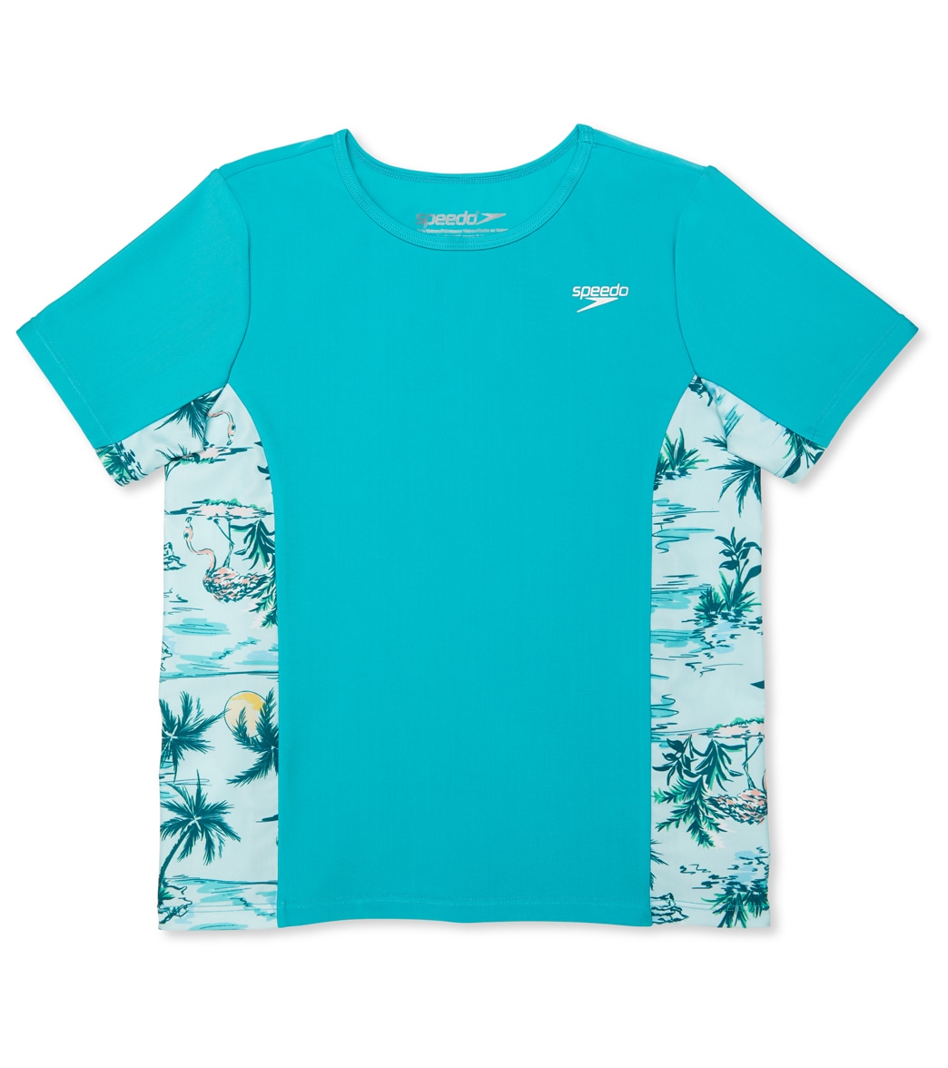 Speedo Girls' Printed Splice Short Sleeve Rashguard Big Kid - Aruba Blue Medium Size Medium - Swimoutlet.com