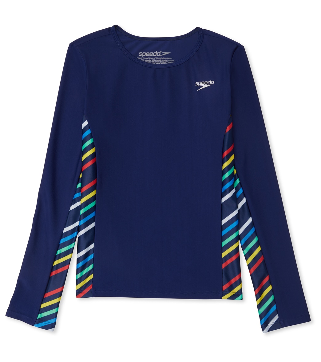 Speedo Girls' Printed Splice Long Sleeve Rashguard Big Kid - Blue Harmony Xs Size X-Small - Swimoutlet.com