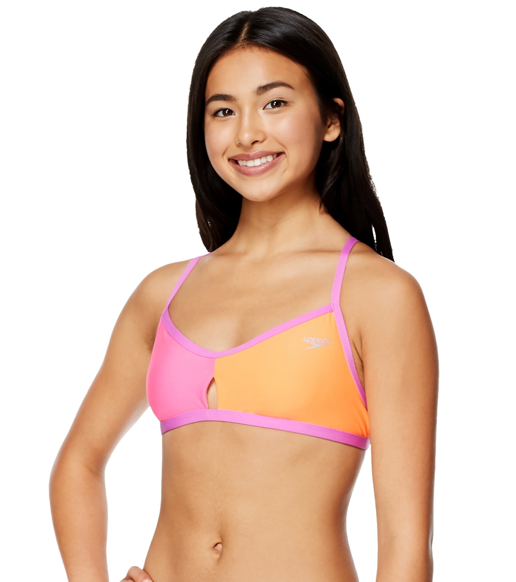 Speedo Women's Color Blocked Keyhole Tie Back Bikini Top - Pink Glo Xs Size X-Small - Swimoutlet.com