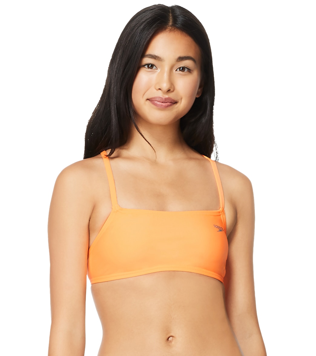 Speedo Women's Solid Strappy Fixed Back Bikini Top - Orange Pop Small Size Small - Swimoutlet.com