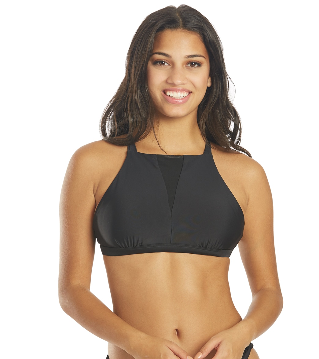 Prana Women's Regan High Neck Bikini Top - Black Solid Medium Cotton/Polyester - Swimoutlet.com