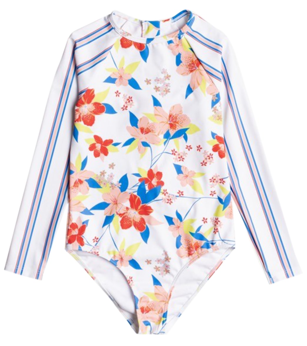 Roxy Girls' Friendly Flower Longsleeve One Piece Swimsuit - Bright White Saya Light Small 14 Big Kid - Swimoutlet.com