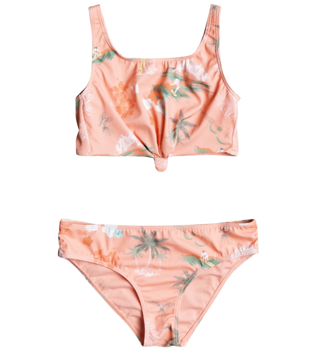 Roxy Girls' Surf Landscape Two Piece Crop Top Bikini Set - Peach Pearl Aloha Small 12 Big Kid - Swimoutlet.com