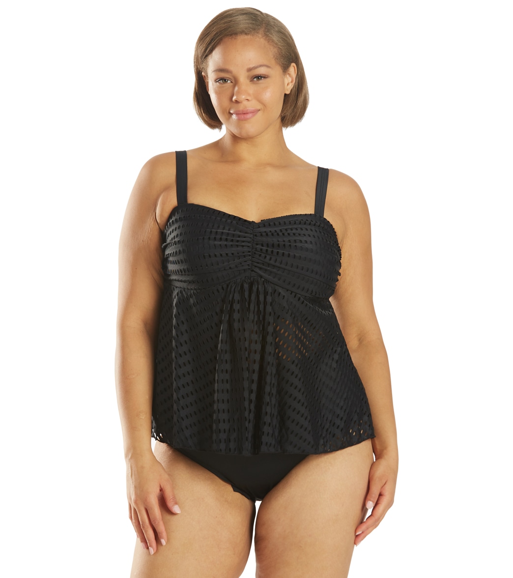 Fit4U Women's Plus Size Lattice Textured Bandeau Fly Away Tankini Top - Black 20W - Swimoutlet.com