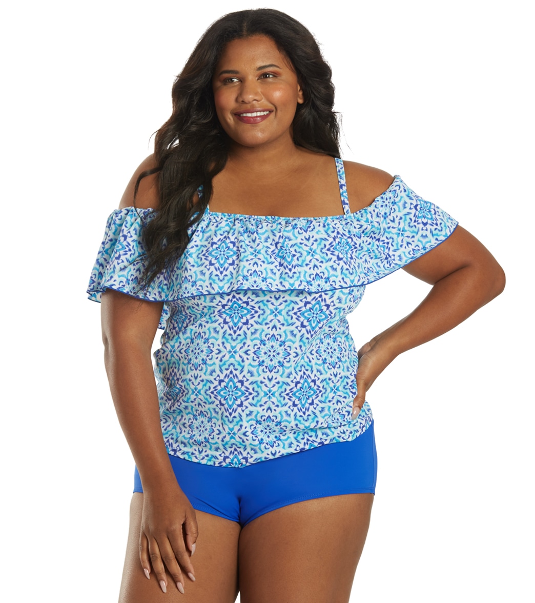 Fit4U Women's Plus Size Dye It Off The Shoulder Tankini Top (C Cup) at ...
