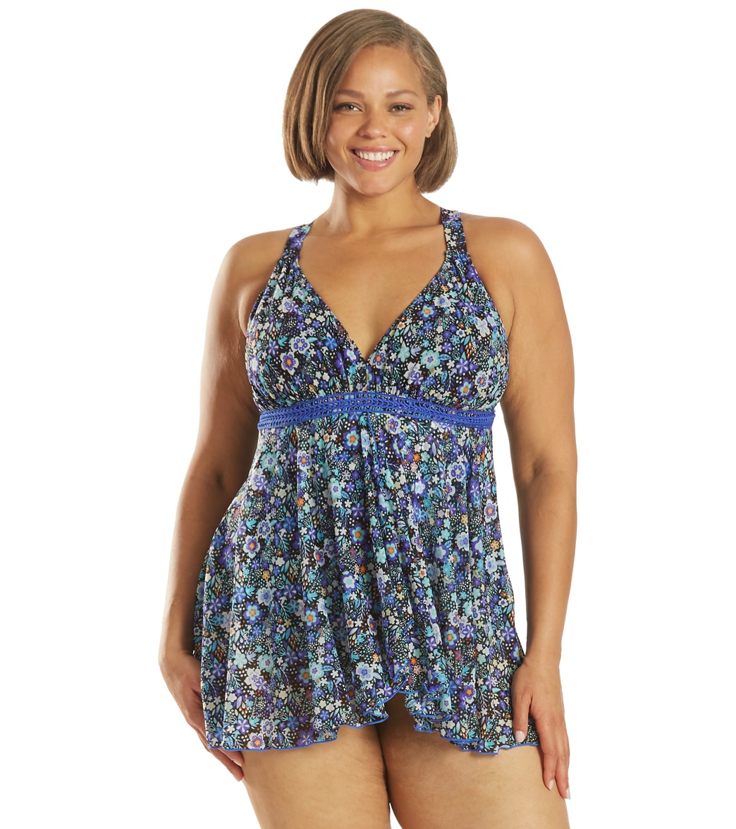 Fit4U Women's Plus Size Sweet Pea Mesh V-Neck Fly Away Swim Dress - Blue 24W - Swimoutlet.com