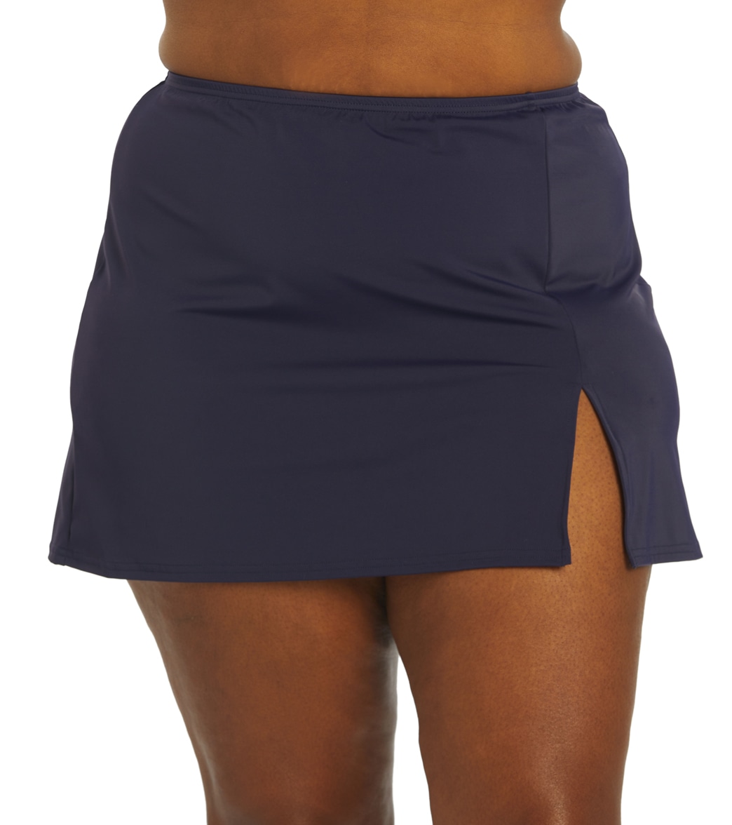 Fit4U Women's Plus Size Solid Swim Skirt With Slit - Navy 16W - Swimoutlet.com
