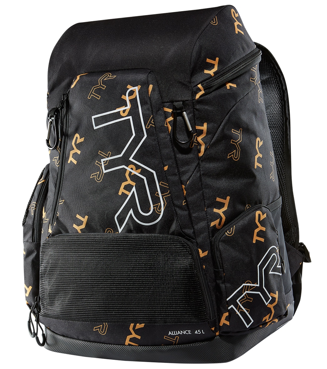 TYR Alliance 45L All Over Logo Backpack - Black/Gold - Swimoutlet.com