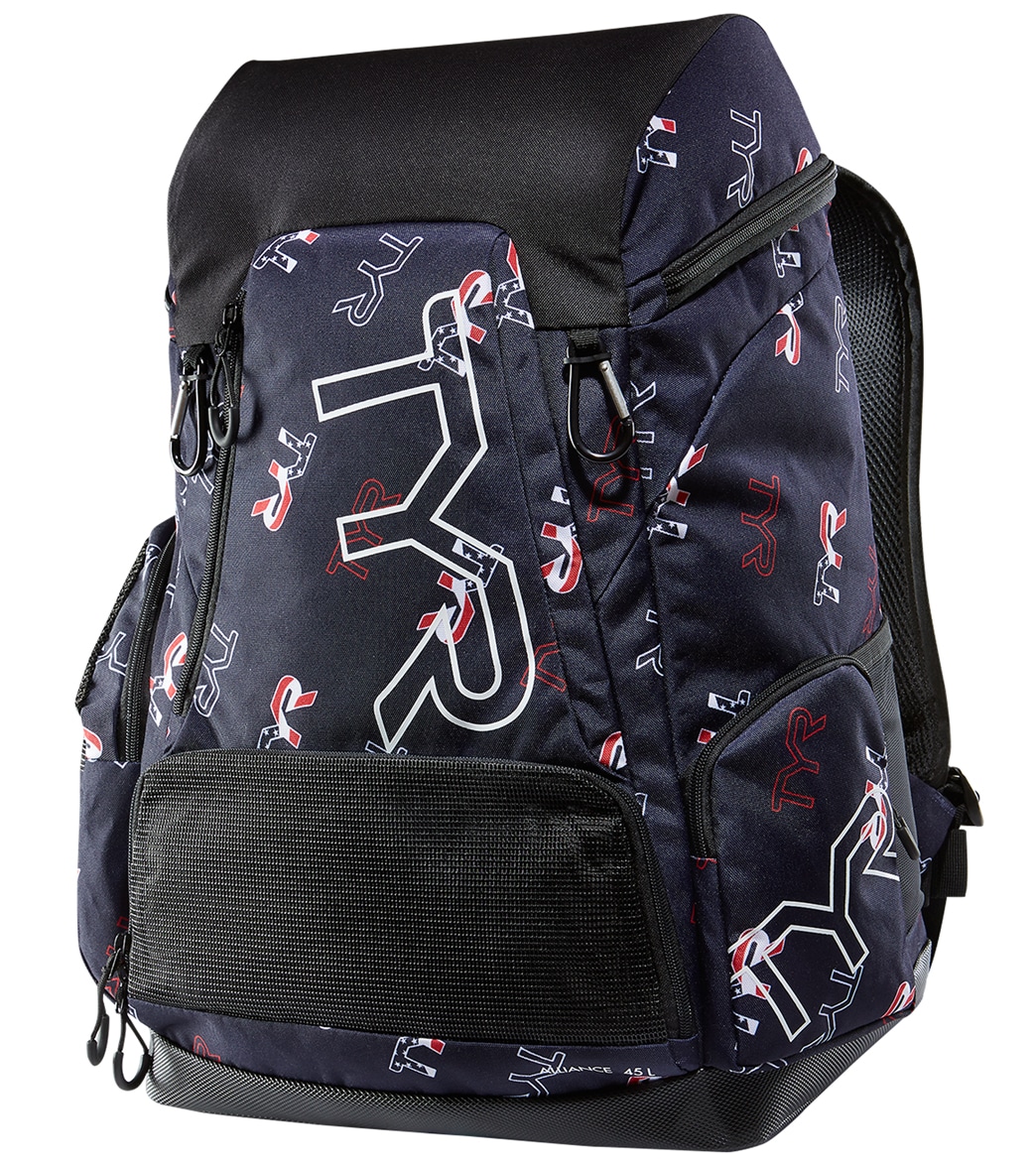 TYR Alliance 45L All Over Logo Backpack - Red/White/Blue - Swimoutlet.com