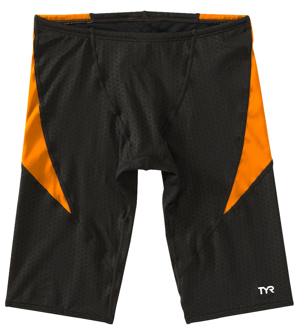 TYR Boys' Hexa Curve Splice Jammer Swimsuit - Black/Orange 24 - Swimoutlet.com