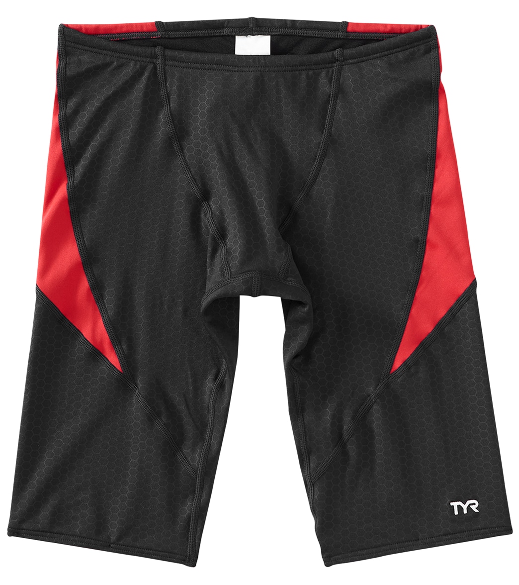 TYR Boys' Hexa Curve Splice Jammer Swimsuit - Black/Red 22 - Swimoutlet.com