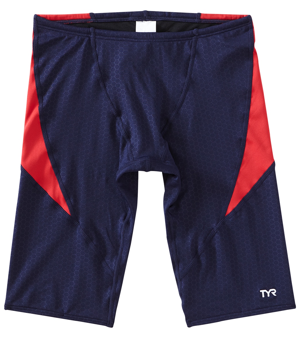 TYR Boys' Hexa Curve Splice Jammer Swimsuit - Navy/Red 22 - Swimoutlet.com