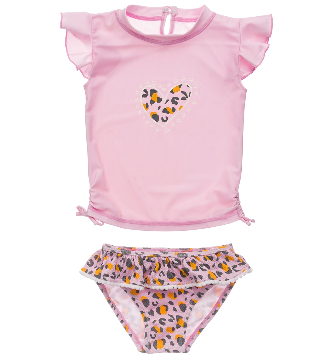Snapper Rock Girls' Leopard Love Short Sleeve Two Piece Ruffle Rash Guard Set Baby - Pink 18-24 Months Elastane/Polyamide - Swimoutlet.com