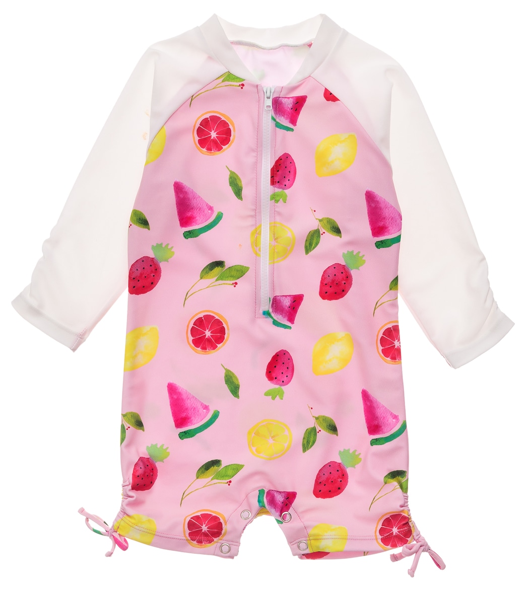 Snapper Rock Girls' Fruit Fiesta Long Sleeve Sunsuit Baby - Pink 1 6-12 Months Elastane/Polyamide - Swimoutlet.com
