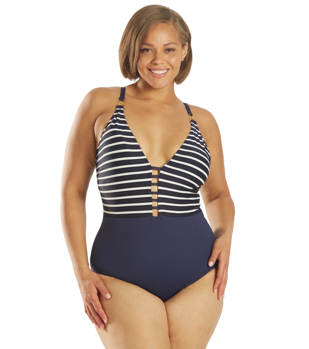 La Blanca Women's Plus Size Capri Stripe Plunge One Piece Swimsuit - Indigo 18W - Swimoutlet.com