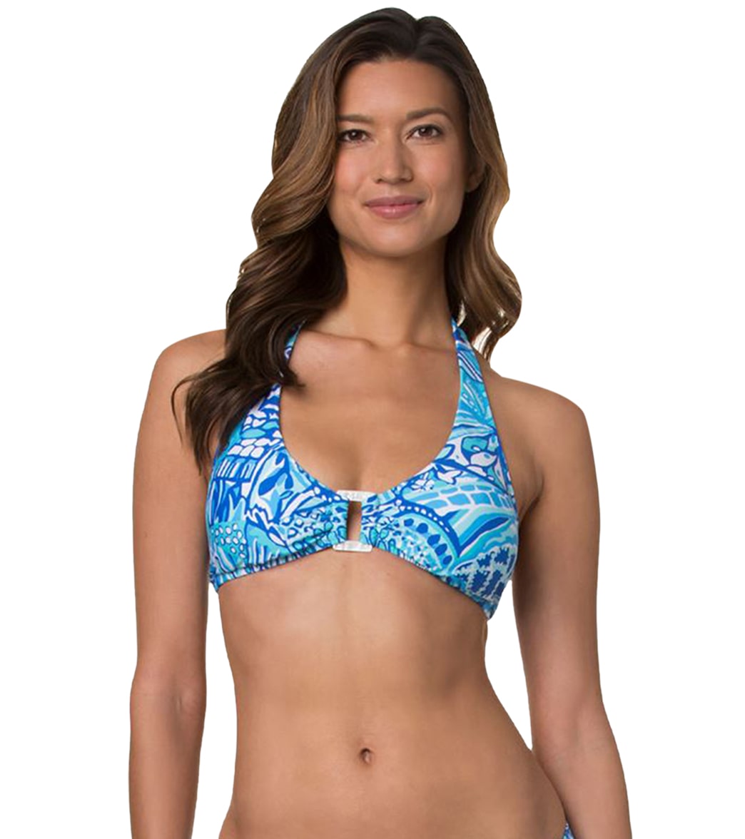 Helen Jon Women's Blue Grotto Shell Halter Bikini Top - Multi Large - Swimoutlet.com