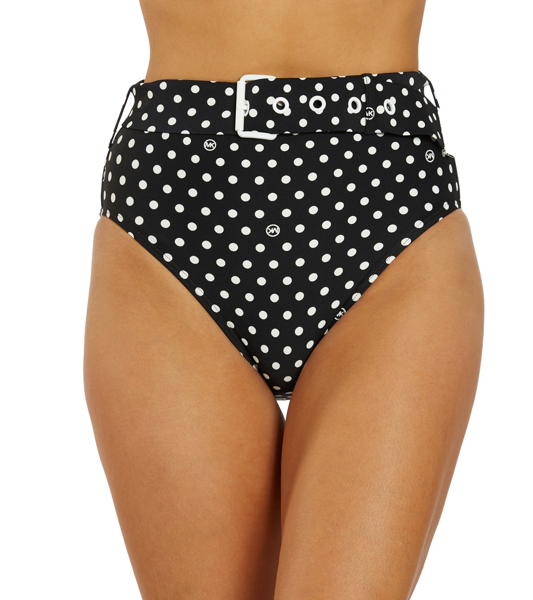 Michael Kors Women's Dot High Waist Belted Bikini Bottom - Black Large - Swimoutlet.com