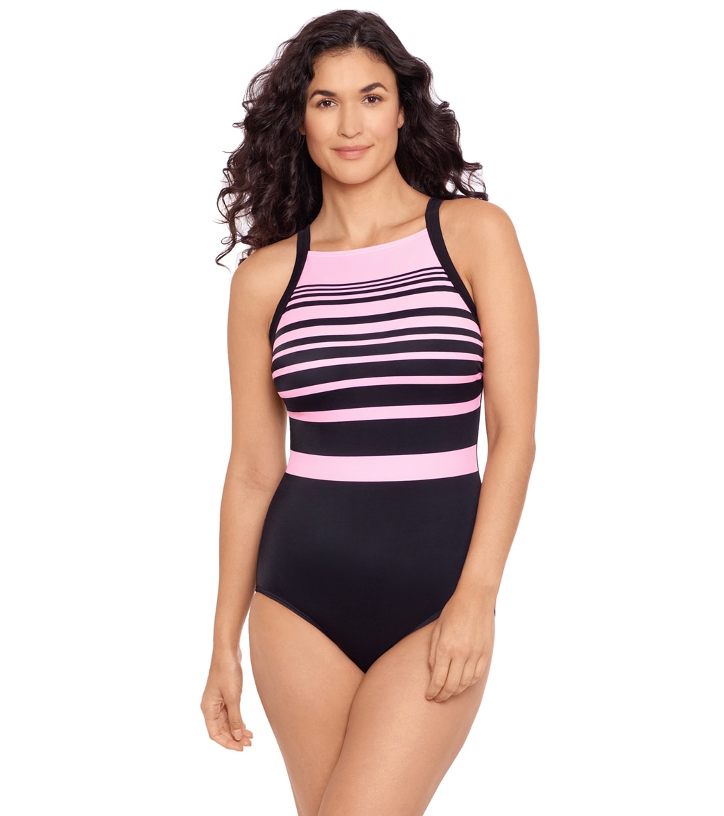 Reebok Women's Insta Stripe High Neck Chlorine Resistant One Piece Swimsuit - Black/Pink 14 - Swimoutlet.com