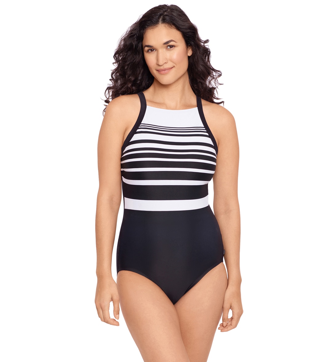 Reebok Women's Insta Stripe High Neck Chlorine Resistant One Piece Swimsuit - Black/White 12 - Swimoutlet.com