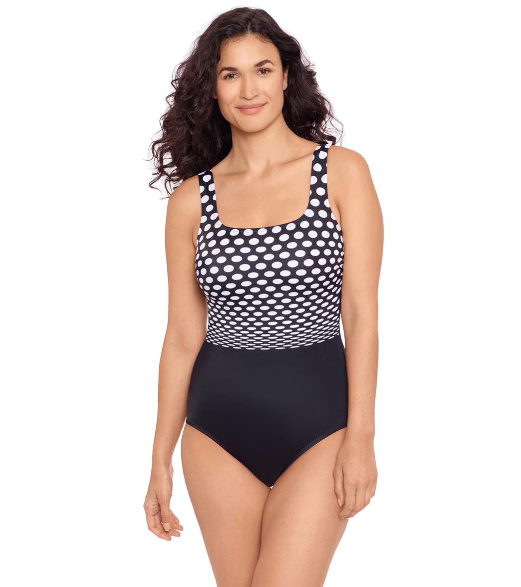 Reebok Women's Covered In Dots Chlorine Resistant One Piece Swimsuit - Black/White 12 - Swimoutlet.com