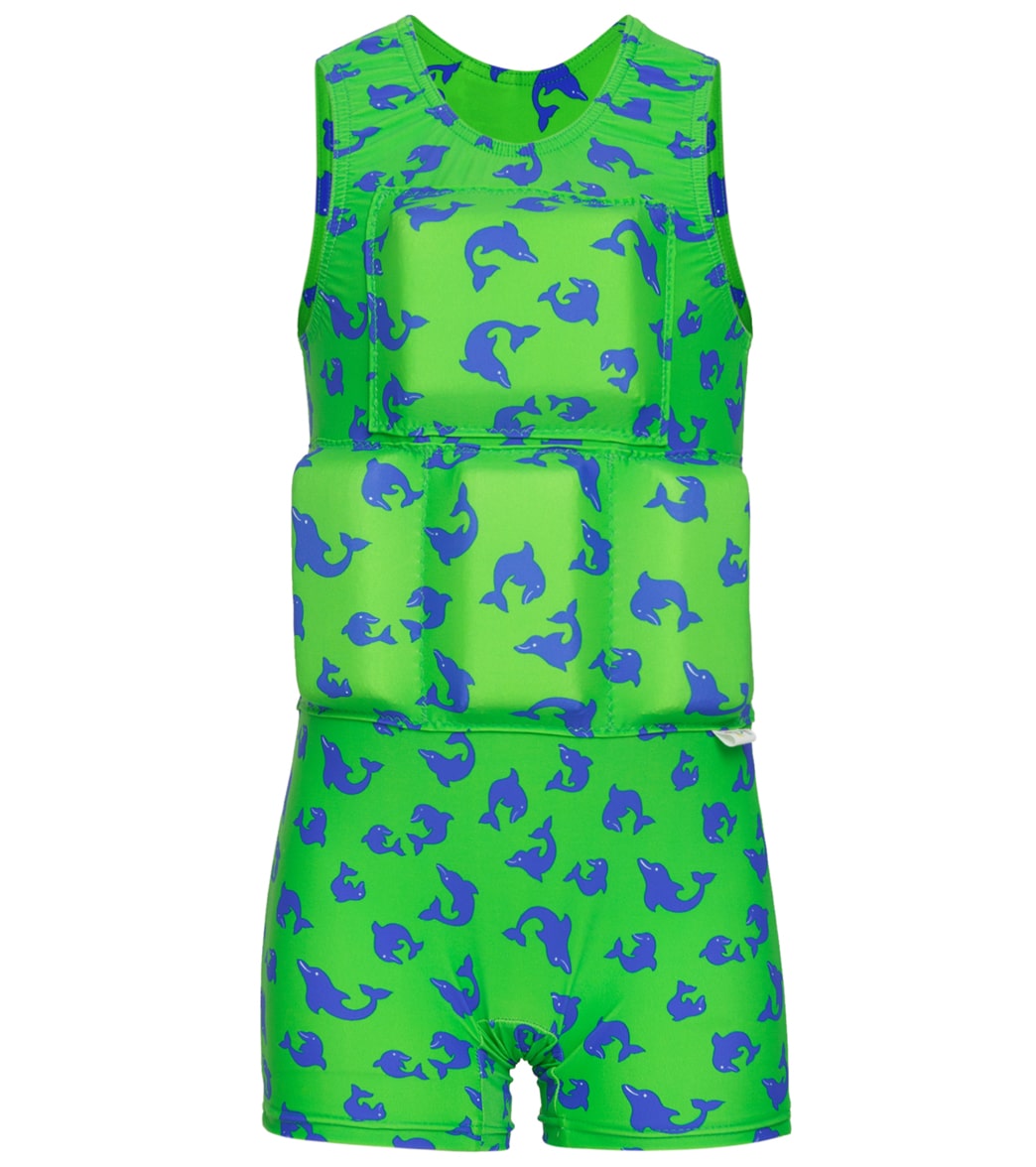 My Pool Pal Boy's Bright Green And Blue Dolfin Flotation Swimsuit - Green/Blue Dolphin Print Large 50-70 Lbs - Swimoutlet.com