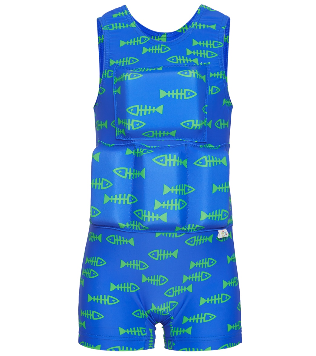 My Pool Pal Boy's Bright Blue And Green Fish Bone Flotation Swimsuit - Blue/Green Print Large 50-70 Lbs - Swimoutlet.com