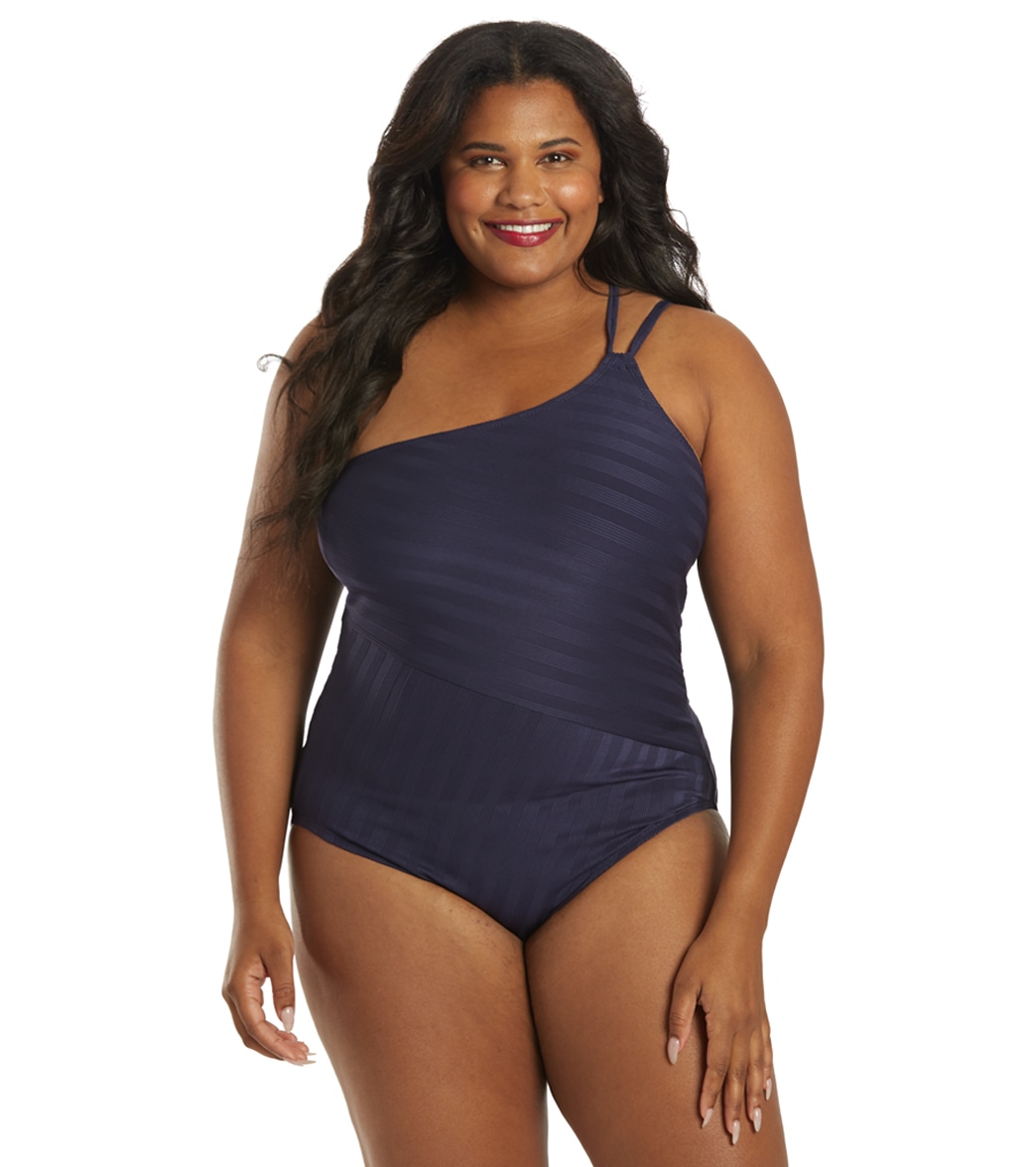La Blanca Women's Plus Size Linea Costa One Shoulder Piece Swimsuit - Indigo 16W - Swimoutlet.com