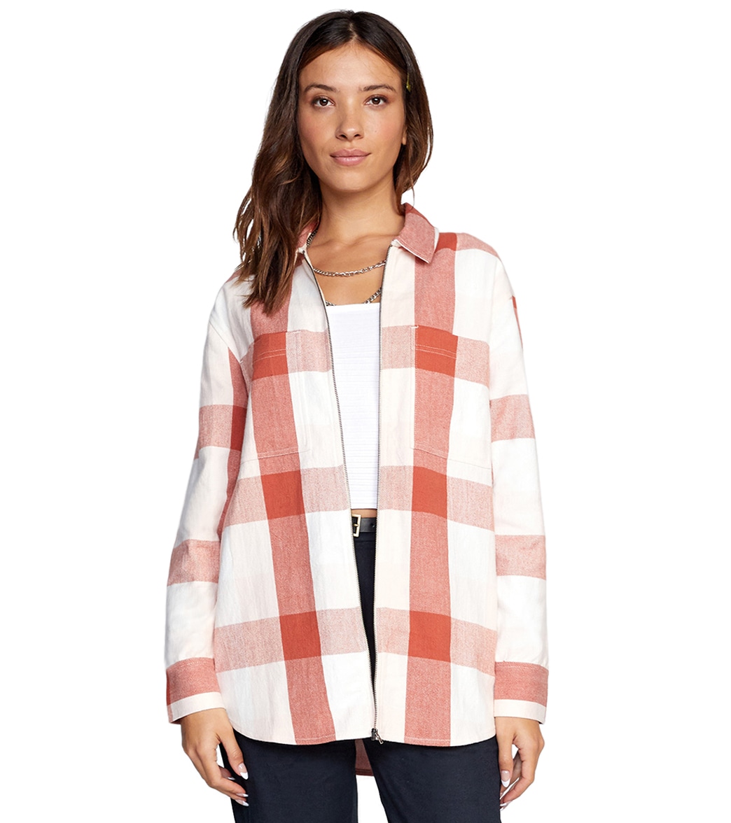 Rvca Women's Decades Zip Flannel Top - Dusty Red Large - Swimoutlet.com