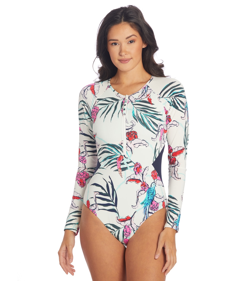 Carve Designs Women's Long Sleeve All Day One Piece Swimsuit - Botanical Large - Swimoutlet.com