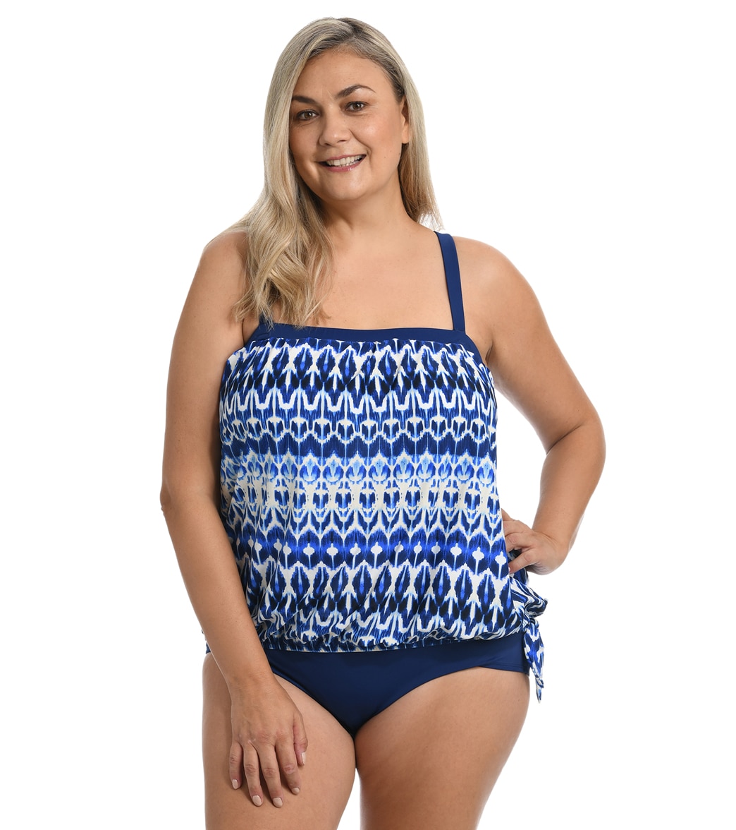 Maxine Women's Plus Size Ikat Isle Bandeau Blouson Tankini Top - Navy 16W - Swimoutlet.com