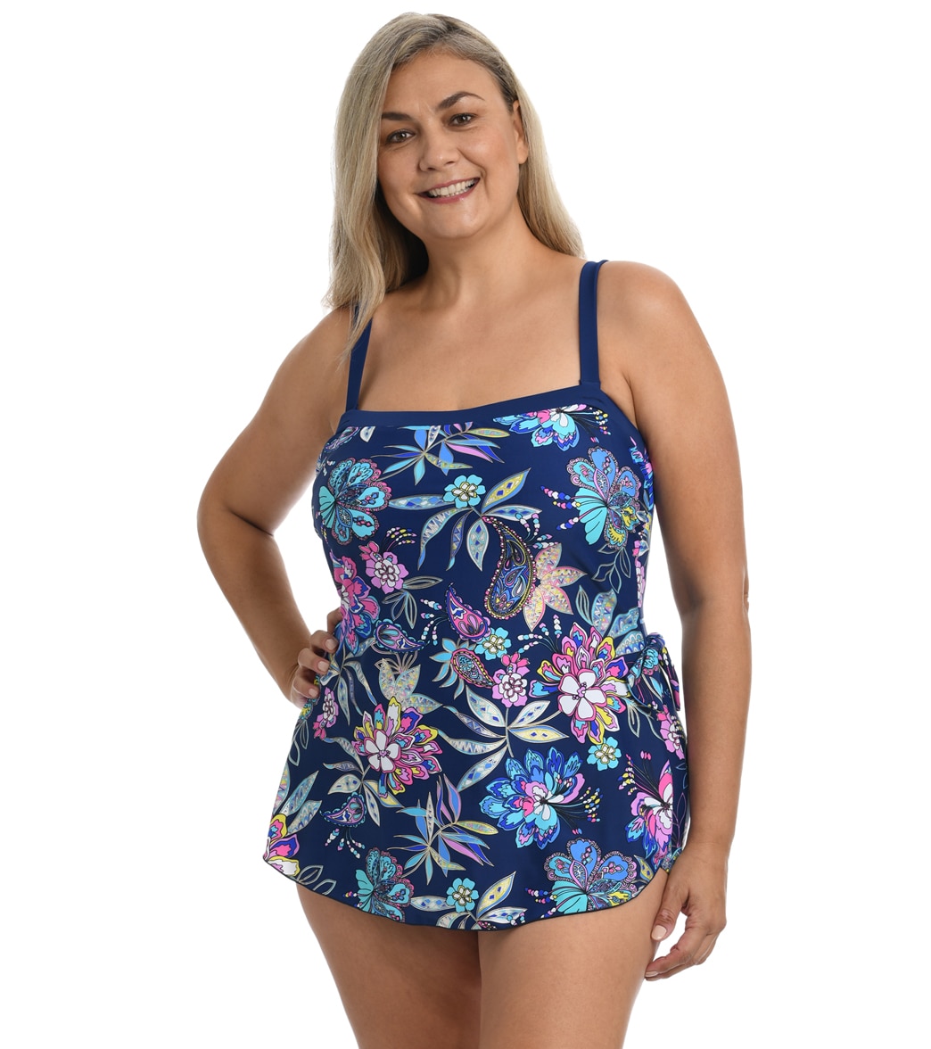 Maxine Women's Plus Size Tulum Tiki Floral Bandeau Sarong One Piece Swimsuit - Navy 16W - Swimoutlet.com