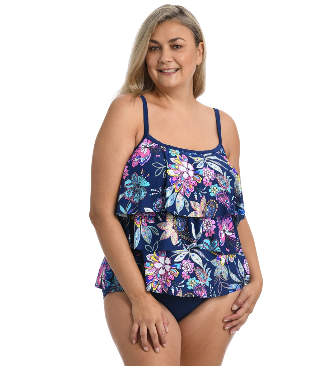 Maxine Women's Plus Size Tulum Tiki Floral Tiered Tankini Top - Navy 16W - Swimoutlet.com