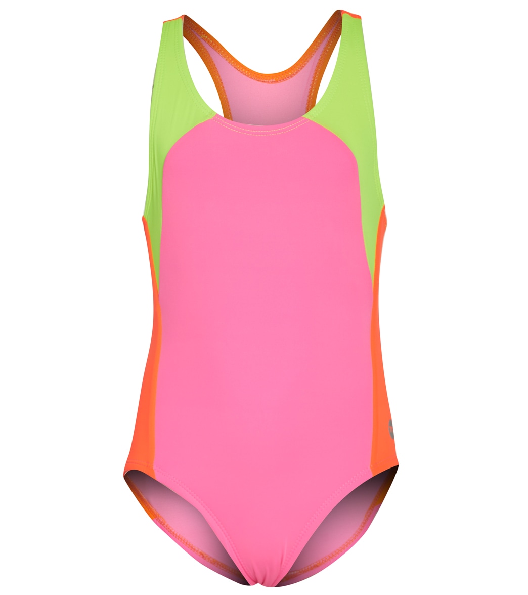 TYR Girls' Solid Splice Maxfit One Piece Swimsuit - Orange/Yellow/Pink Large 10/12 Size Large - Swimoutlet.com