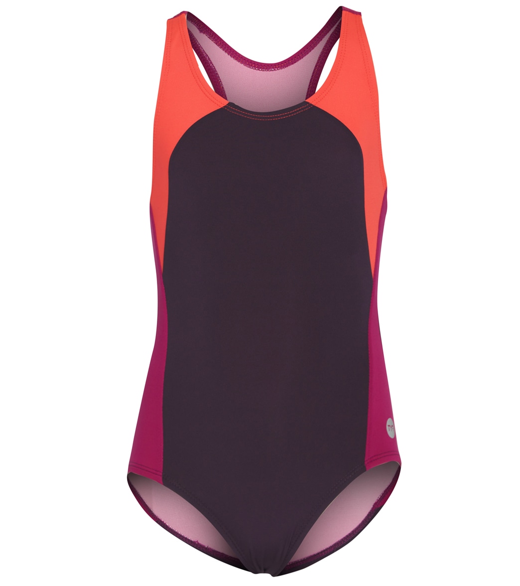 TYR Girls' Solid Splice Maxfit One Piece Swimsuit - Plum/Red/Deep Plum Medium 7/8 Size Medium - Swimoutlet.com