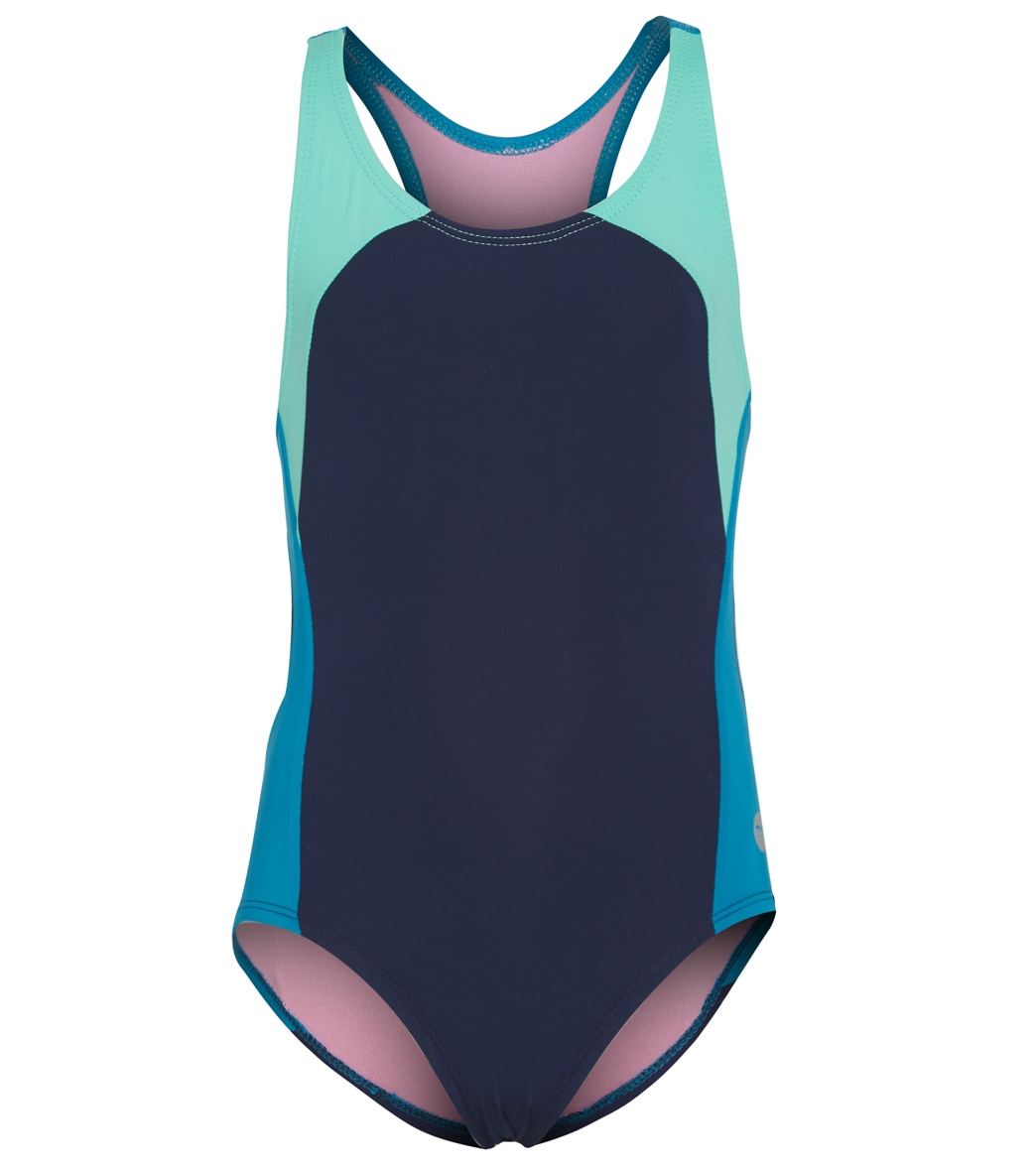 TYR Girls' Solid Splice Maxfit One Piece Swimsuit - Turq/Lt Blue/Navy Medium 7/8 Size Medium - Swimoutlet.com