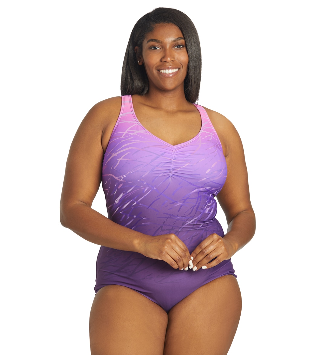Sporti Plus Size Conservative Printed Ombre Girl Leg One Piece Swimsuit - Purple 18W Polyester - Swimoutlet.com