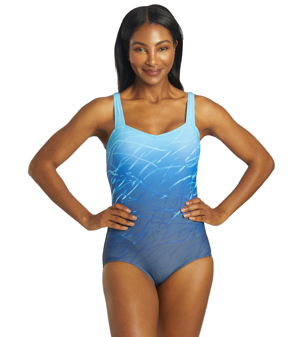 Sporti Moderate Printed Ombre Sweetheart One Piece Swimsuit - Blue 10 Polyester - Swimoutlet.com