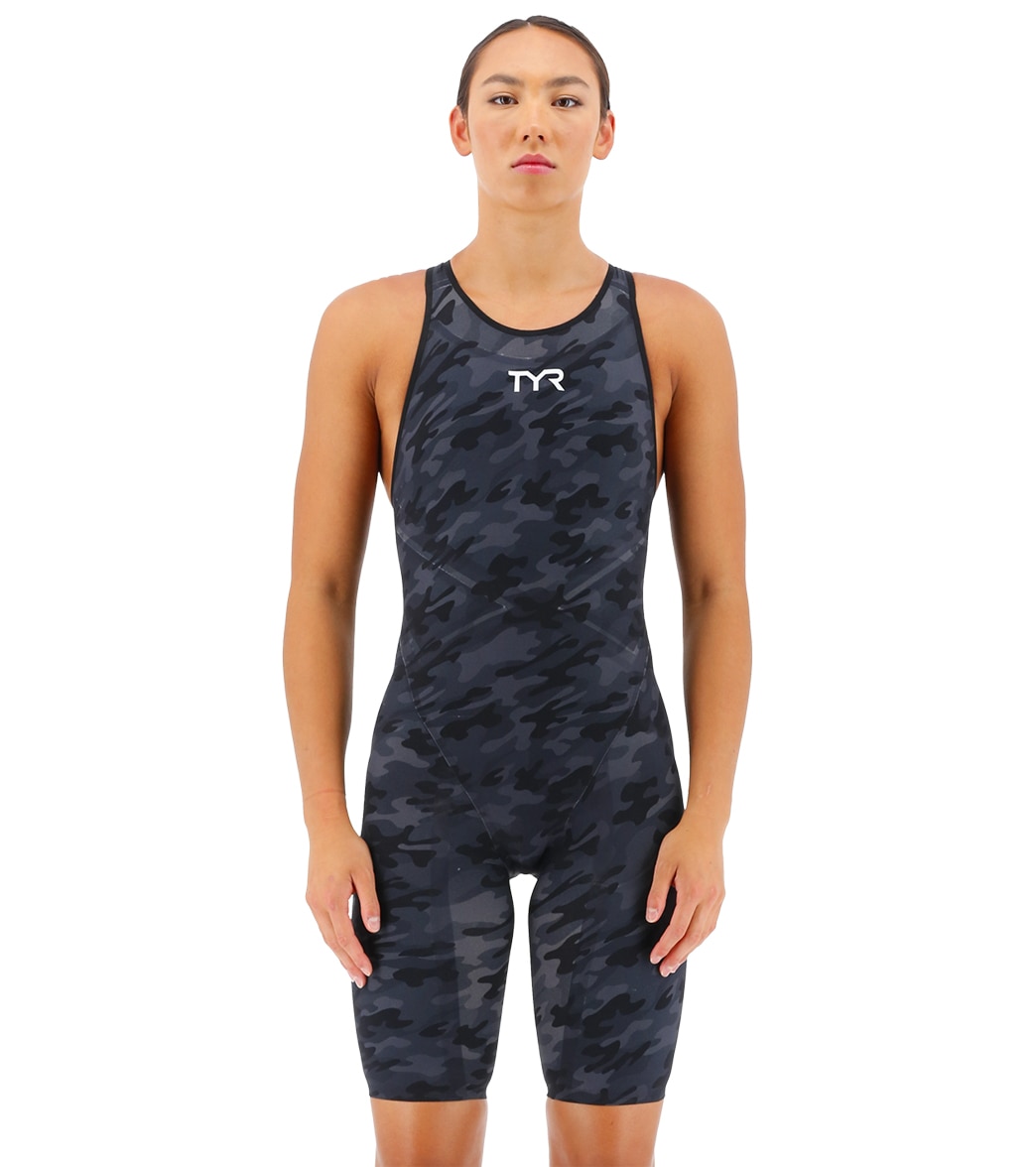 TYR Women's Venzo Camo Open Back Tech Suit Swimsuit - Black 22 - Swimoutlet.com