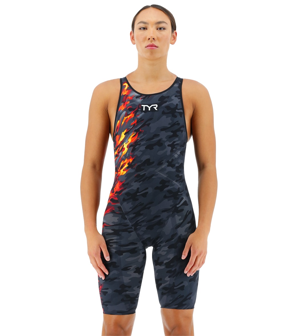 TYR Women's Venzo Camo Open Back Tech Suit Swimsuit - Fire 23 - Swimoutlet.com