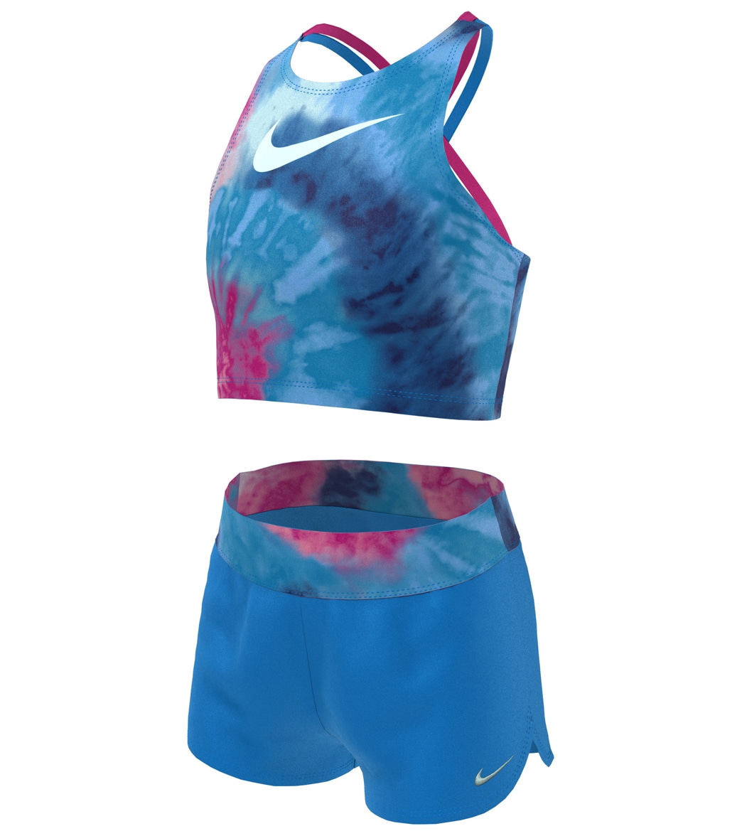 Nike Girls' Tie Dye Spiderback Two Piece Mid Bikini Set Big Kid - Photo Blue Small - Swimoutlet.com