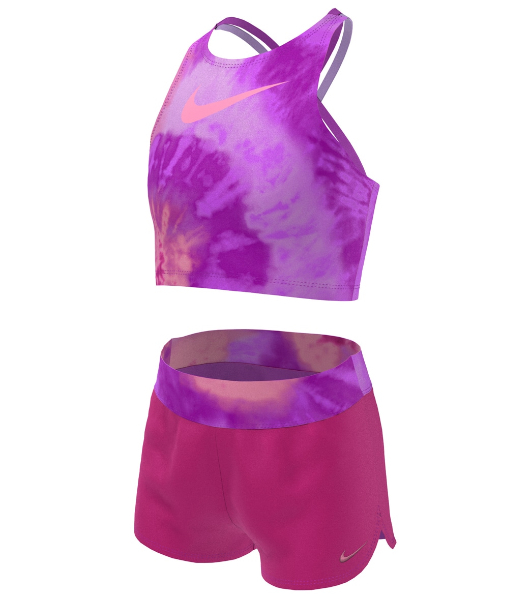 Nike Girls' Tie Dye Spiderback Two Piece Mid Bikini Set Big Kid - Laser Purple Large - Swimoutlet.com