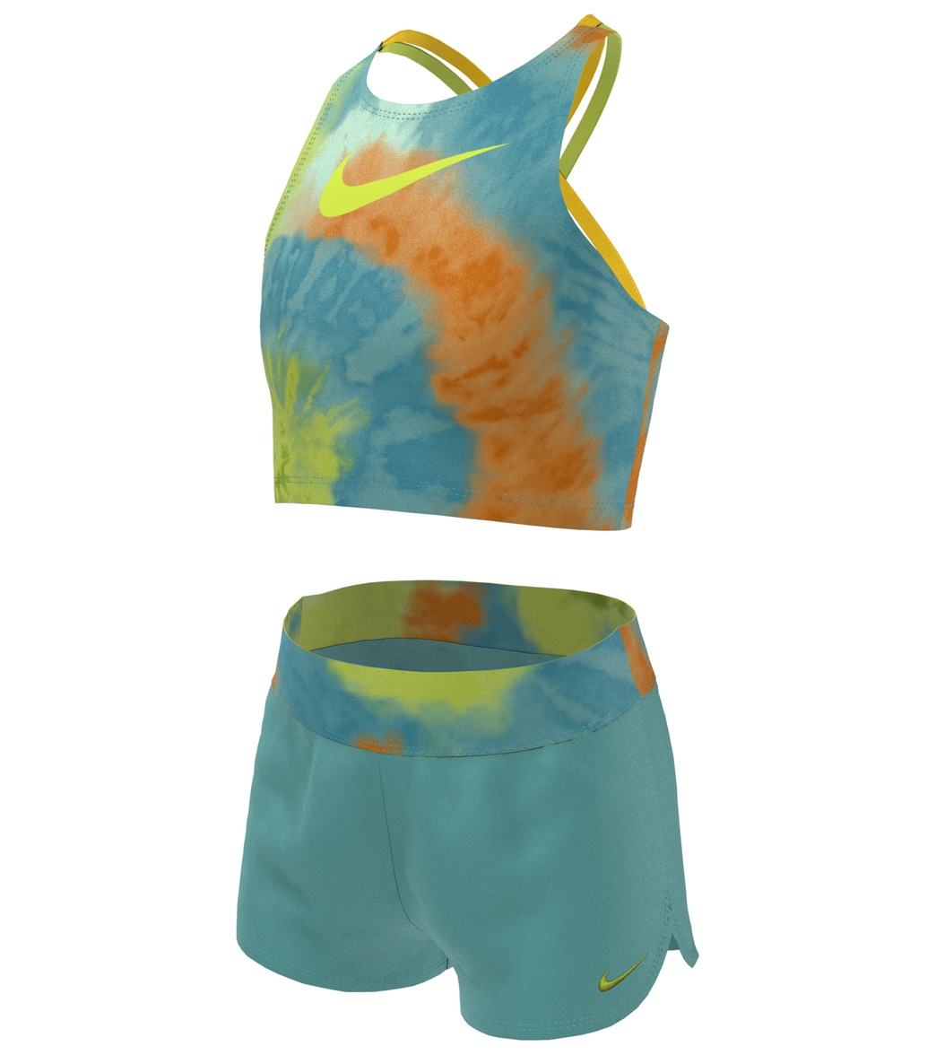 Nike Girls' Tie Dye Spiderback Two Piece Mid Bikini Set Big Kid - Washed Teal Large - Swimoutlet.com