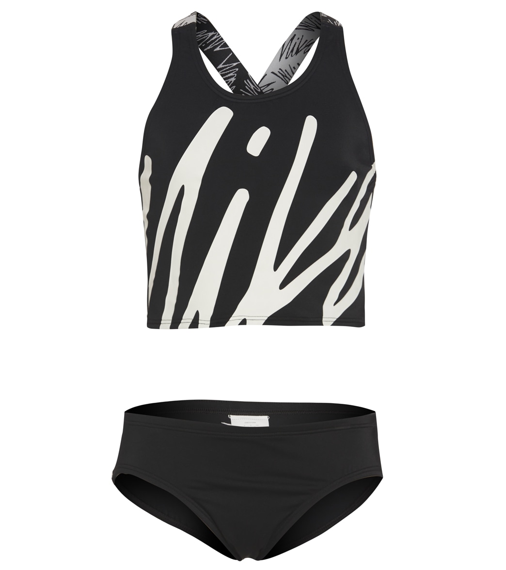 Nike Girls' Script Logo Crossback Two Piece Mid Bikini Set Big Kid - Black Large - Swimoutlet.com