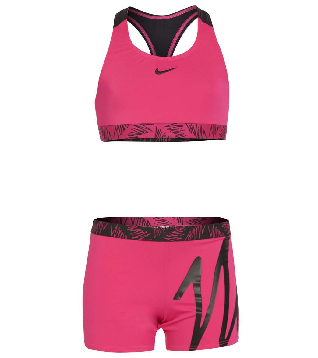 Nike Girls' Script Logo Crossback Sport Two Piece Bikini Set Big Kid - Pink Prime Large - Swimoutlet.com
