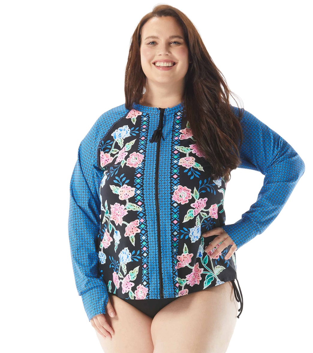 Beach House Women's Plus Size Floral Fantasy Scarlett Sun Guard Long Sleeve Top - Blk/Mlt 1X - Swimoutlet.com